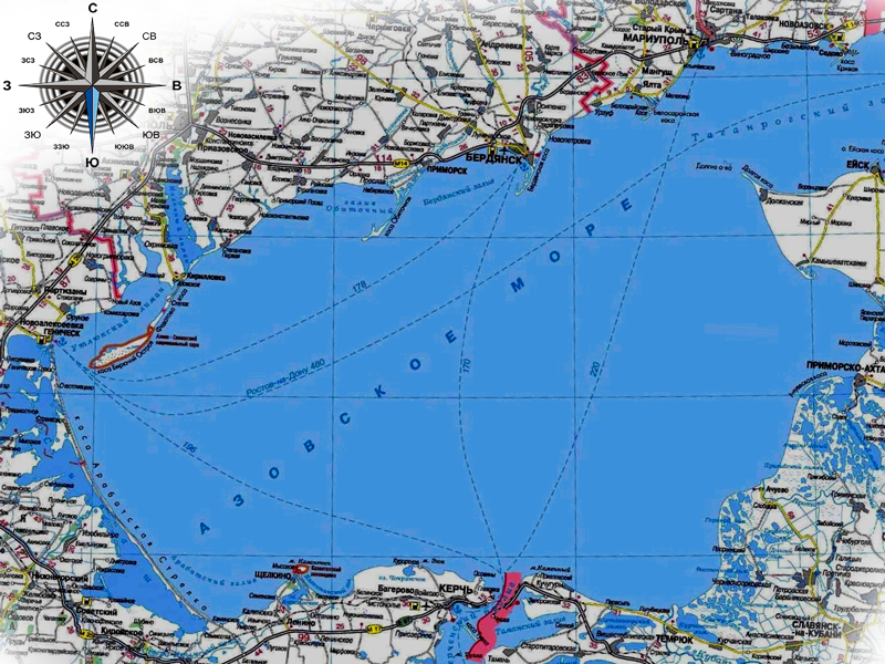 Карта побережья Азовского моря с городами и селами, курортами.