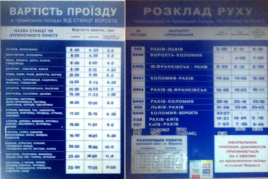 расписание поездов по станции Ворохта и стоимость билетов до ближайших станций